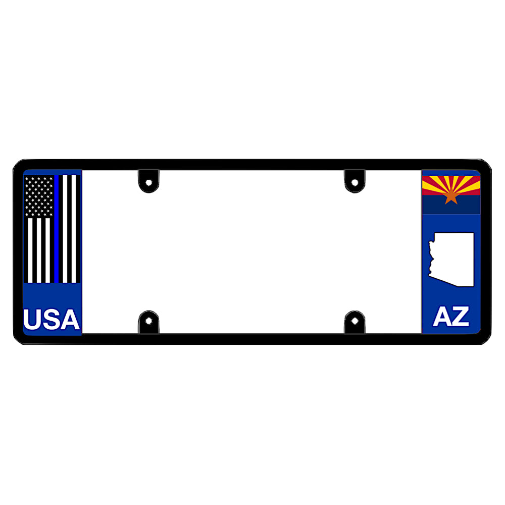 Arizona license plate frame thin blue line auto rim by DFS, the official license frame of America. Drive your identity with a police officer tribute vehicle plate trim featuring a tactical blue line flag print and AZ state trooper emblem styling.