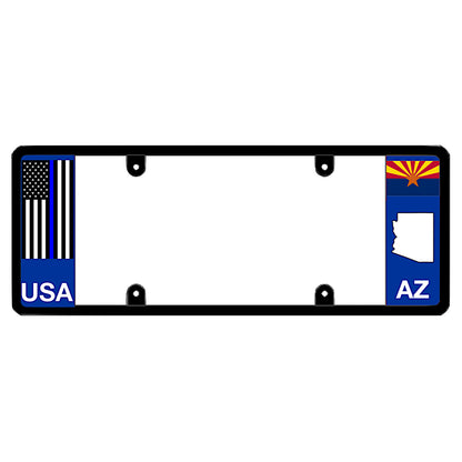 Arizona license plate frame thin blue line auto rim by DFS, the official license frame of America. Drive your identity with a police officer tribute vehicle plate trim featuring a tactical blue line flag print and AZ state trooper emblem styling.