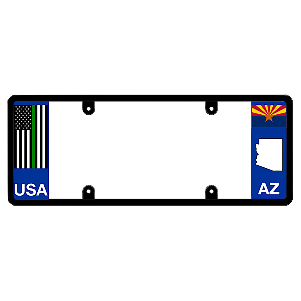 Arizona license plate frame thin green line guard by DFS, the official license frame of America. Drive your identity using a military, border patrol, and federal agent support vehicle bracket carrying a green line USA flag decal on a desert AZ local theme background.
