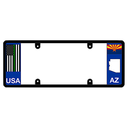Arizona license plate frame thin green line guard by DFS, the official license frame of America. Drive your identity using a military, border patrol, and federal agent support vehicle bracket carrying a green line USA flag decal on a desert AZ local theme background.