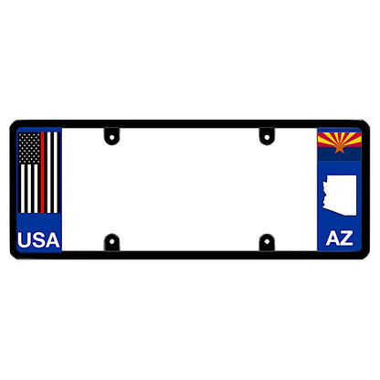 Arizona license plate frame thin red line vehicle hardware by DFS, the official license frame of America. Drive your identity with a heavy-duty firefighter commemorative car frame boasting an emergency services line decal beside an AZ state emblem cutout.
