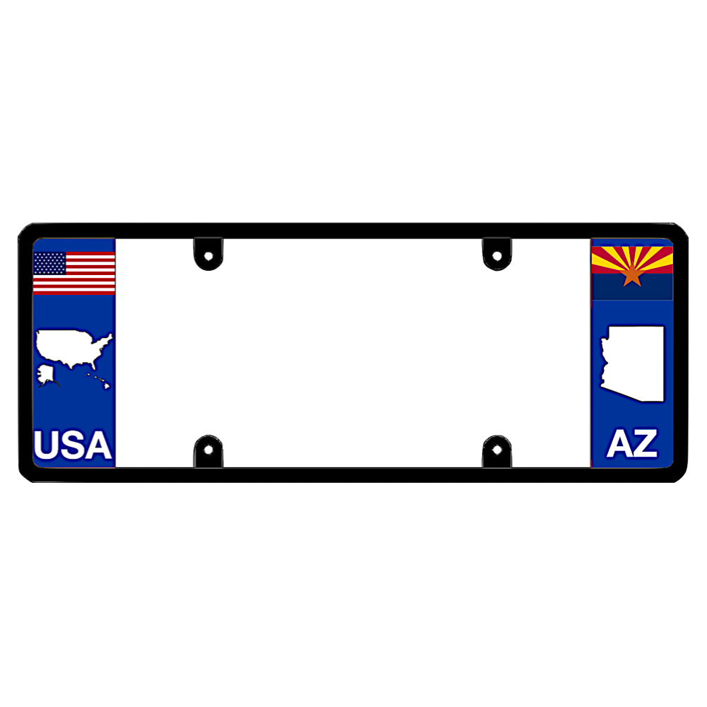 Arizona license plate frame featuring a horizontal USA flag and United States map graphic by DFS, the official license frame of America. Drive your identity with an anti-rust car plate shield showcasing a custom AZ state map sunburst cutout graphic.