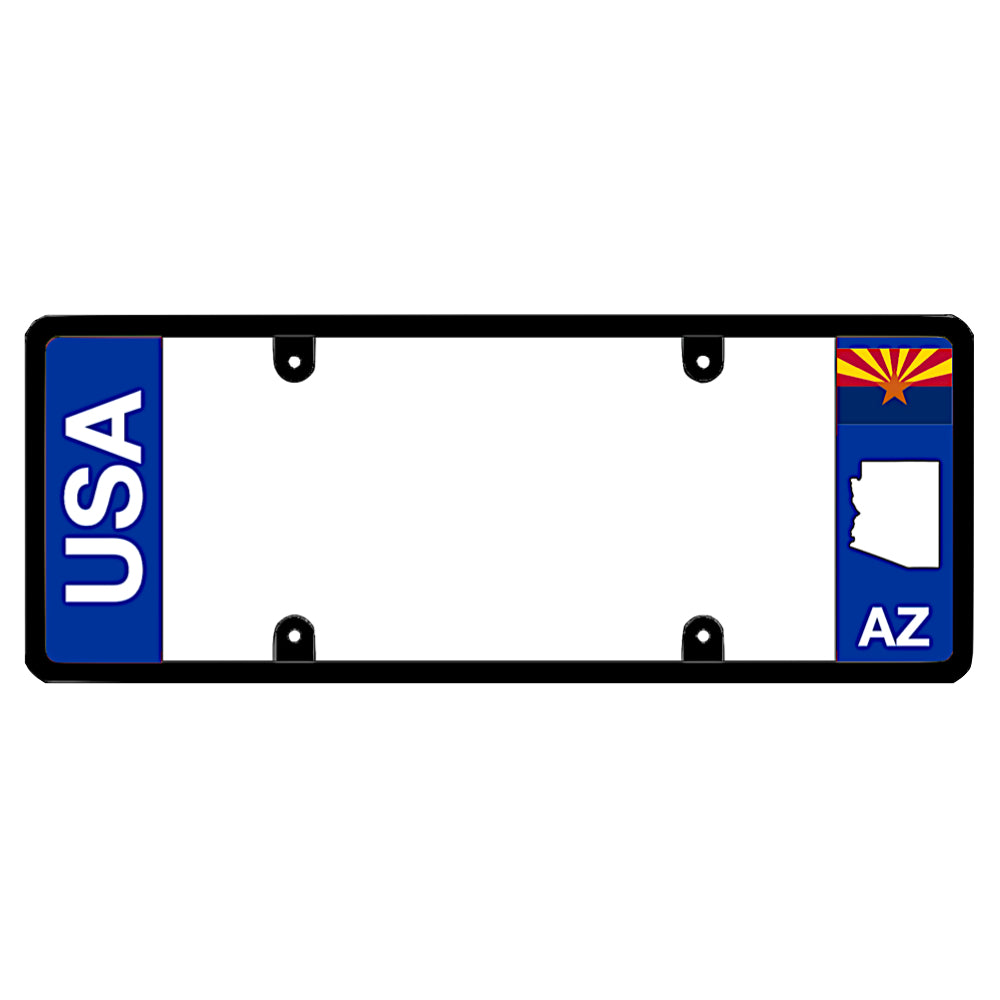 Arizona license plate frame USA text mount by DFS, the official license frame of America. Drive your identity using a clean dual-identity automotive vanity trim finished with bold vertical USA lettering and a minimalist AZ copper star flag accent.