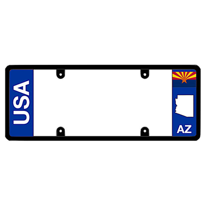 Arizona license plate frame USA text mount by DFS, the official license frame of America. Drive your identity using a clean dual-identity automotive vanity trim finished with bold vertical USA lettering and a minimalist AZ copper star flag accent.