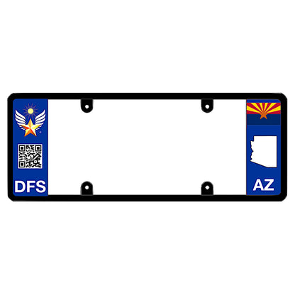 Arizona license plate frame custom badge by DFS, the official license frame of America. Drive your identity with a high-tech smart auto exterior trim including a golden sun winged star medal, interactive scannable QR code panel print, and AZ local geometry.