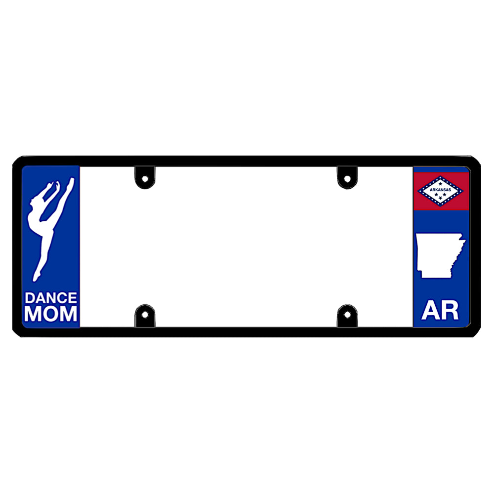 Dancer lifestyle car tag accessory featuring a graceful silhouette graphic and "DANCE MOM" lettering on a patented Arkansas license plate frame built to last