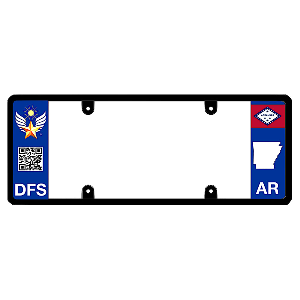 Arkansas license plate frame highlighting the official patented DFS logo emblem and an interactive scannable QR code on an elongated, non-obstructing plate holder with AR state flag details