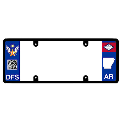 Arkansas license plate frame highlighting the official patented DFS logo emblem and an interactive scannable QR code on an elongated, non-obstructing plate holder with AR state flag details