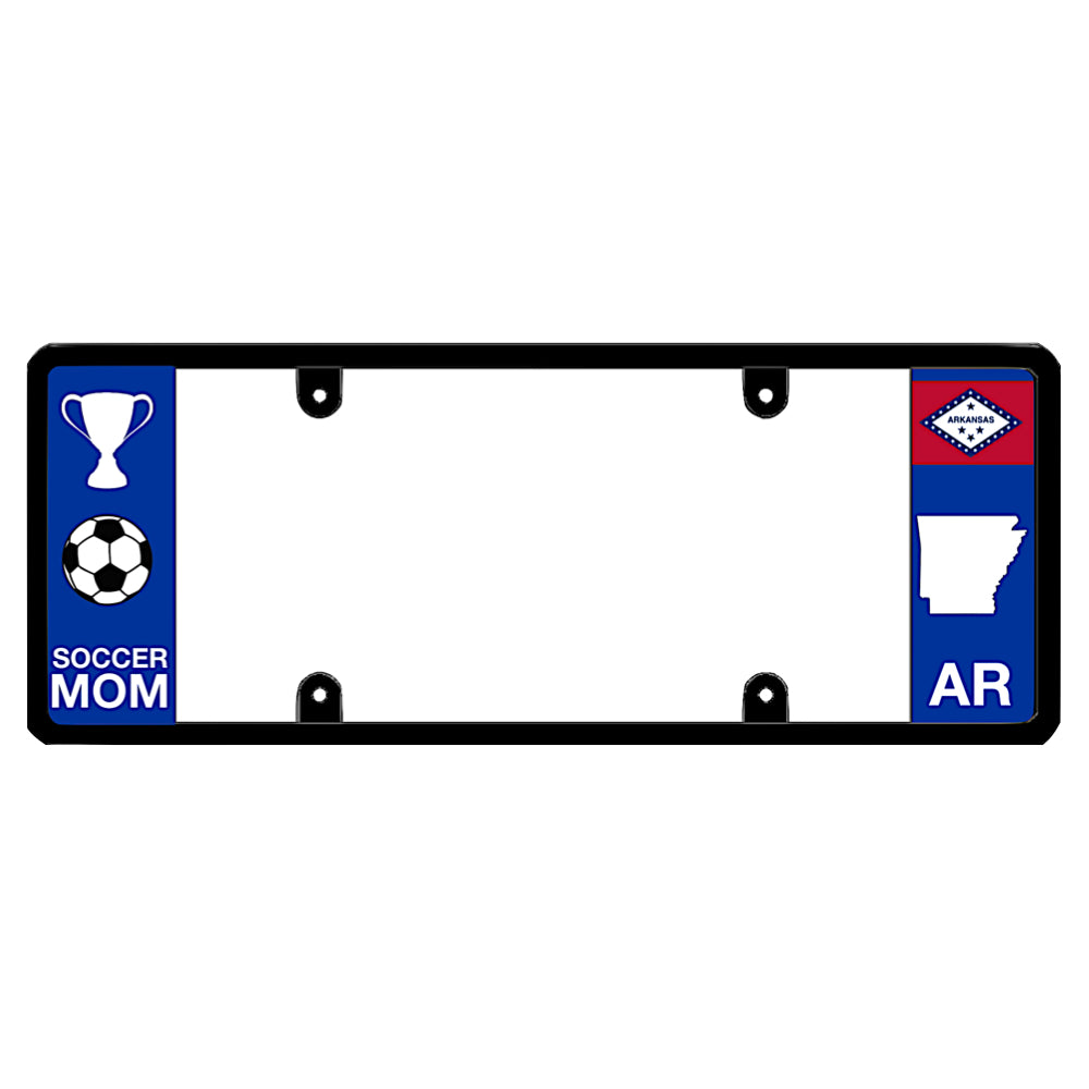 Arkansas license plate frame customized for youth sports families, featuring a bold soccer ball and championship trophy graphic next to the official AR diamond state flag and map silhouette