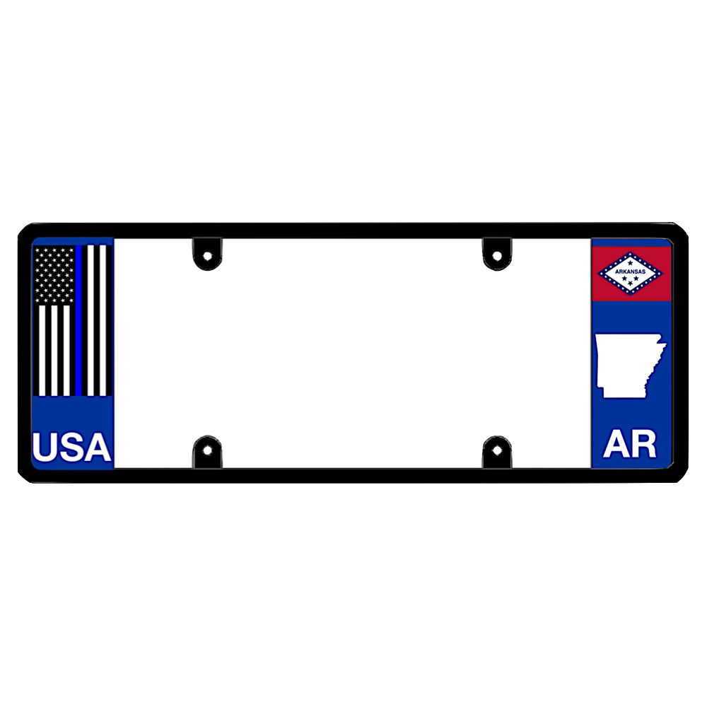 Law enforcement tribute car accessory showing an Arkansas license plate frame styled with a patriotic thin blue line police officer flag structure, keeping 100 percent of the DMV registration stickers fully visible