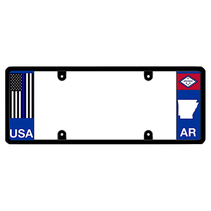 Law enforcement tribute car accessory showing an Arkansas license plate frame styled with a patriotic thin blue line police officer flag structure, keeping 100 percent of the DMV registration stickers fully visible