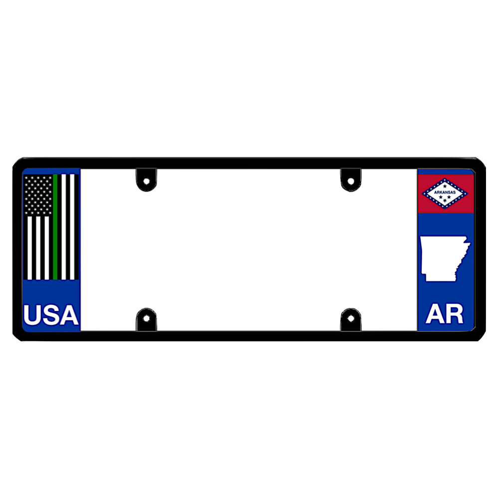 Military and federal agent tribute layout for an Arkansas license plate frame, featuring a vertical thin green line flag panel integrated into a patented, street-legal wide car tag border by DFS Brands