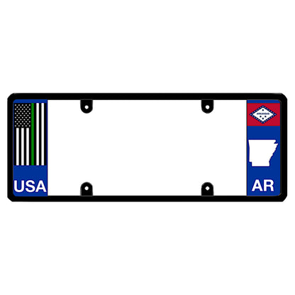 Military and federal agent tribute layout for an Arkansas license plate frame, featuring a vertical thin green line flag panel integrated into a patented, street-legal wide car tag border by DFS Brands