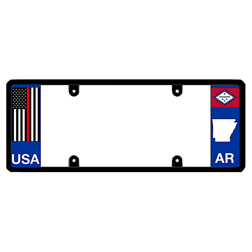 Firefighter tribute vehicle frame showing an Arkansas bumper tag upgrade with a subdued tactical thin red line stripe flag, engineered to balance vehicle body proportions without covering state decals