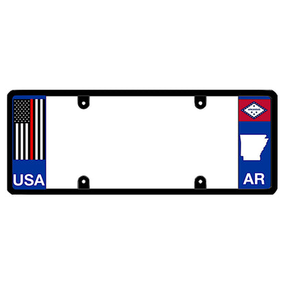 Firefighter tribute vehicle frame showing an Arkansas bumper tag upgrade with a subdued tactical thin red line stripe flag, engineered to balance vehicle body proportions without covering state decals