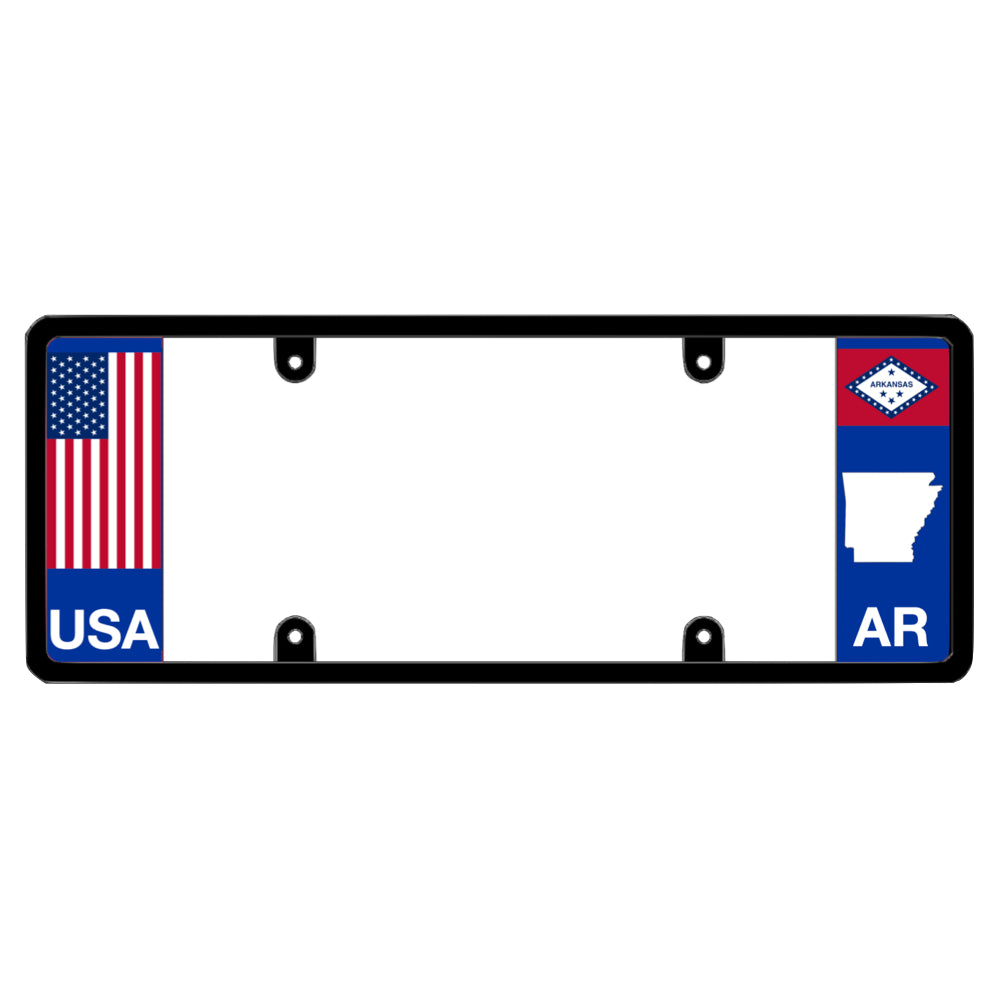 Arkansas license plate frame showcasing a traditional vertical American flag with USA text on the left panel, and a patented wide-proportion car tag border highlighting the AR state flag and diamond map outline