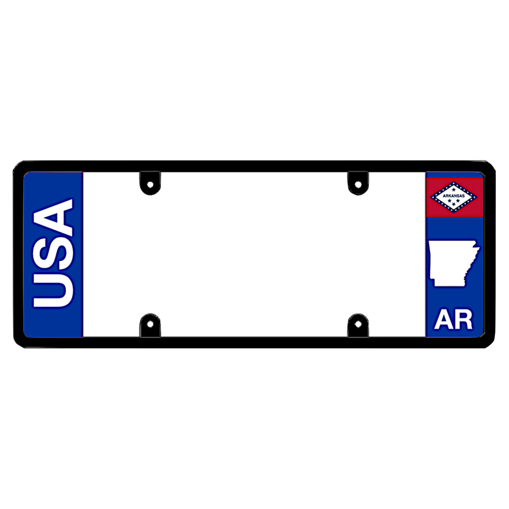 Sleek modern typography car frame showcasing a bold vertical USA logo on a solid blue wing, matching the clean lines of an Arkansas state identity layout on a premium tag holder