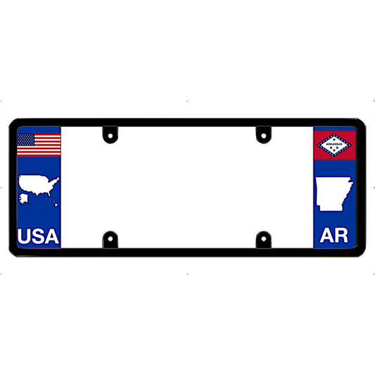 License plate frame with American and Arkansas flags on a white background