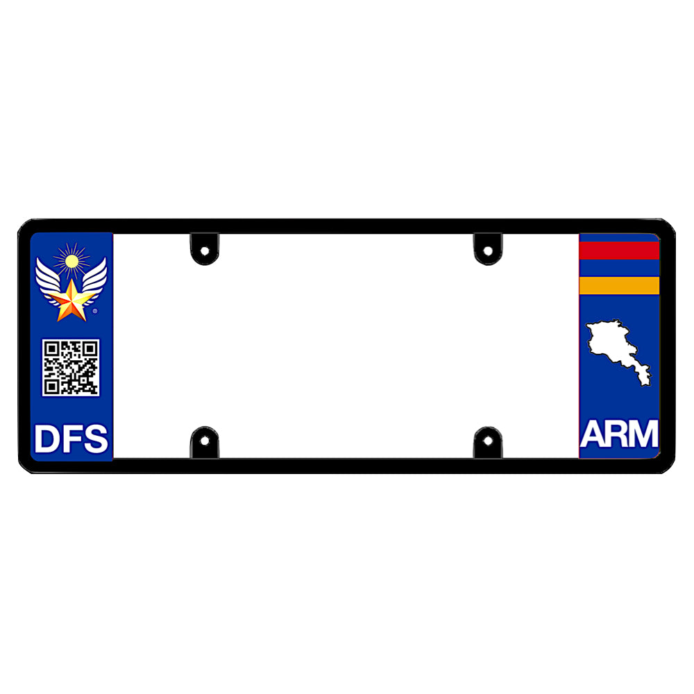 Armenian license plate frame with a scan QR code panel on the left and an Armenia flag on the right by DFS Brands.