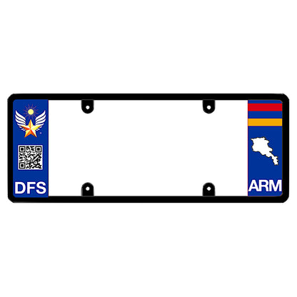 Armenian license plate frame with a scan QR code panel on the left and an Armenia flag on the right by DFS Brands.