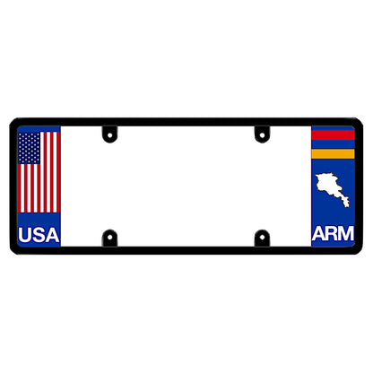 Armenian license plate frame with a USA flag graphic on the left and an Armenia flag on the right by DFS Brands.