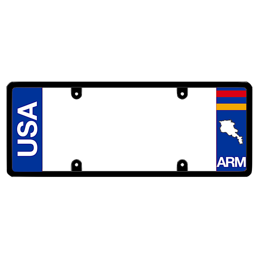Armenian license plate frame with bold vertical USA text on the left and an Armenia flag on the right by DFS Brands.