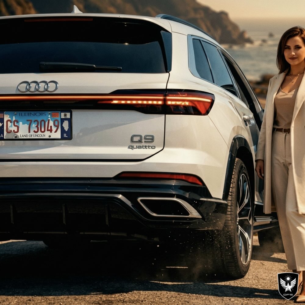 White Audi Q9 SUV with DFS Illinois license plate frame next to a woman at sunset