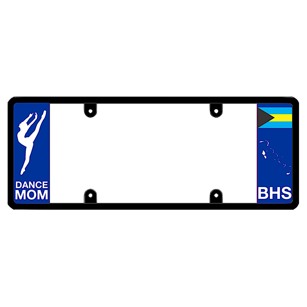 Bahamian license plate frame with a dance mom graphic on the left and a Bahamas flag on the right by DFS Brands.