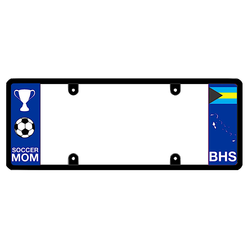 Bahamian license plate frame with a soccer mom graphic on the left and a Bahamas flag on the right by DFS Brands.