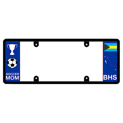 Bahamian license plate frame with a soccer mom graphic on the left and a Bahamas flag on the right by DFS Brands.