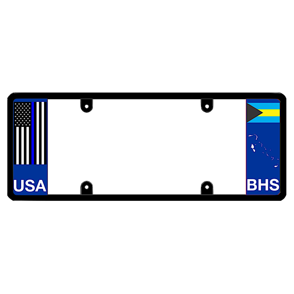 Bahamian license plate frame with a thin blue line flag on the left and a Bahamas flag on the right by DFS Brands.