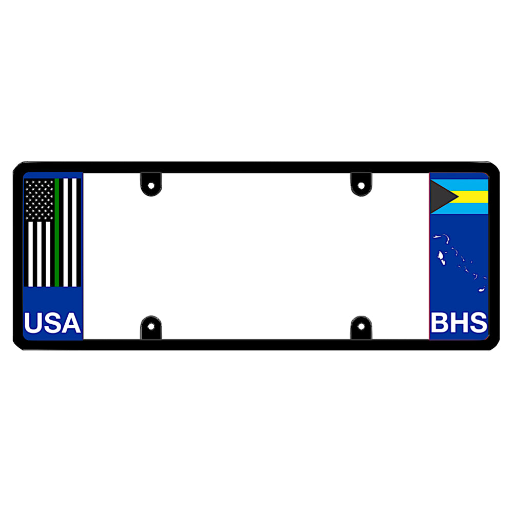 Bahamian license plate frame with a thin green line flag on the left and a Bahamas flag on the right by DFS Brands.