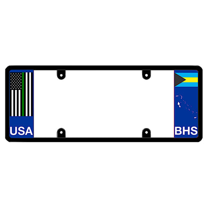 Bahamian license plate frame with a thin green line flag on the left and a Bahamas flag on the right by DFS Brands.