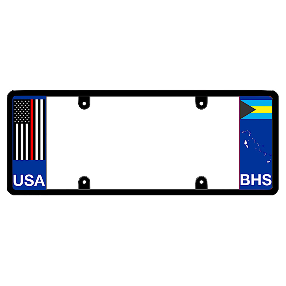 Bahamian license plate frame with a thin red line flag on the left and a Bahamas flag on the right by DFS Brands.