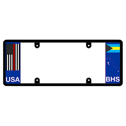 Bahamian license plate frame with a thin red line flag on the left and a Bahamas flag on the right by DFS Brands.