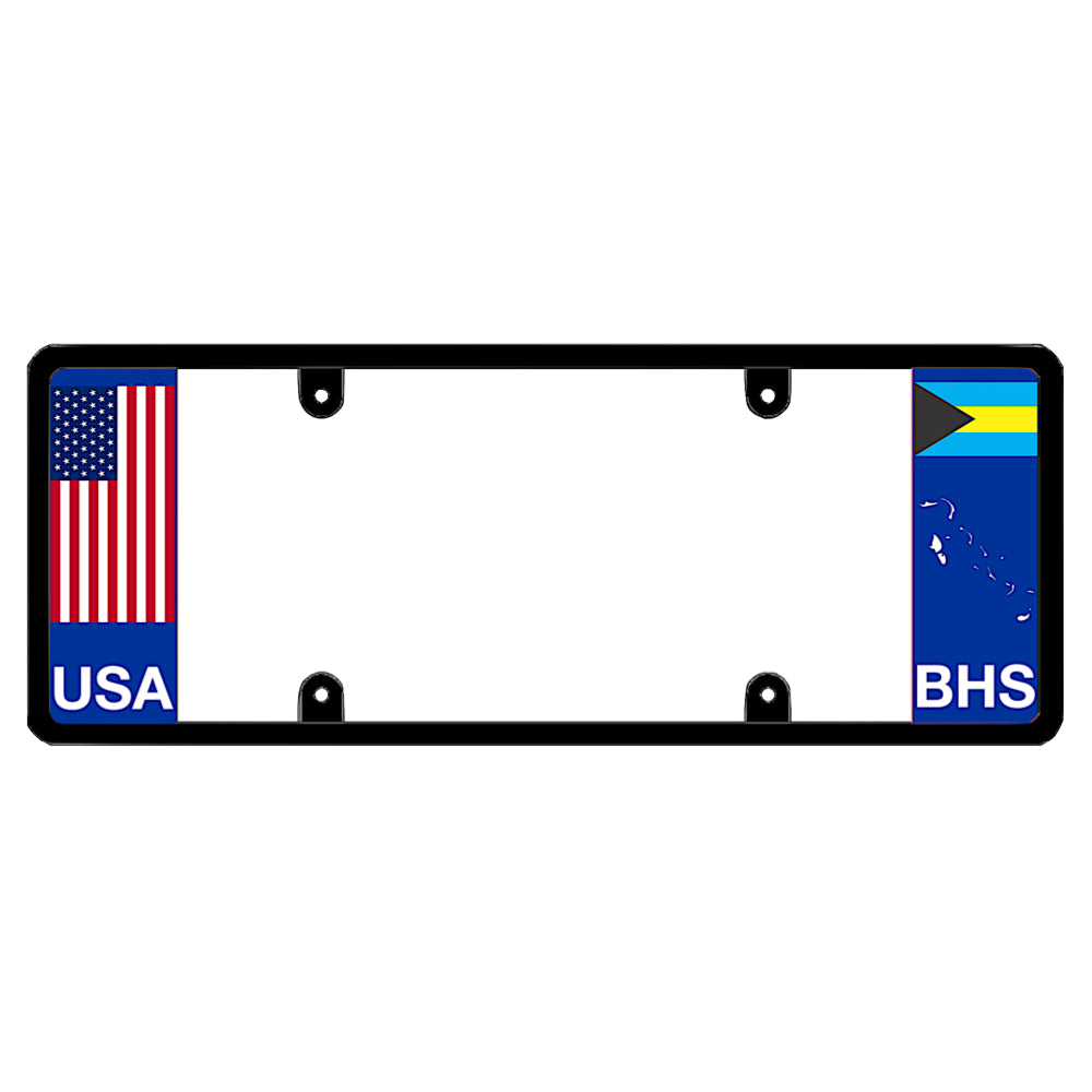 Bahamian license plate frame with a USA flag graphic on the left and a Bahamas flag on the right by DFS Brands.