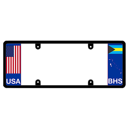 Bahamian license plate frame with a USA flag graphic on the left and a Bahamas flag on the right by DFS Brands.