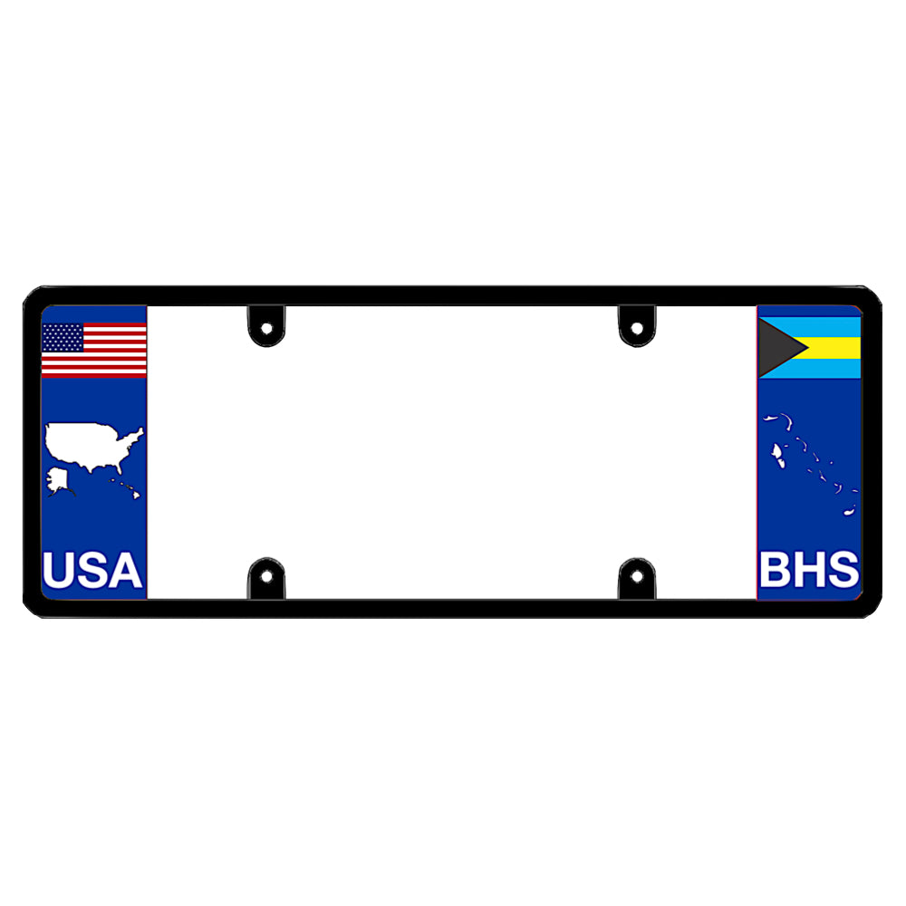 Bahamian license plate frame with a USA map graphic on the left and a Bahamas flag on the right by DFS Brands.