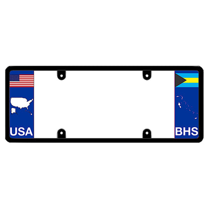 Bahamian license plate frame with a USA map graphic on the left and a Bahamas flag on the right by DFS Brands.