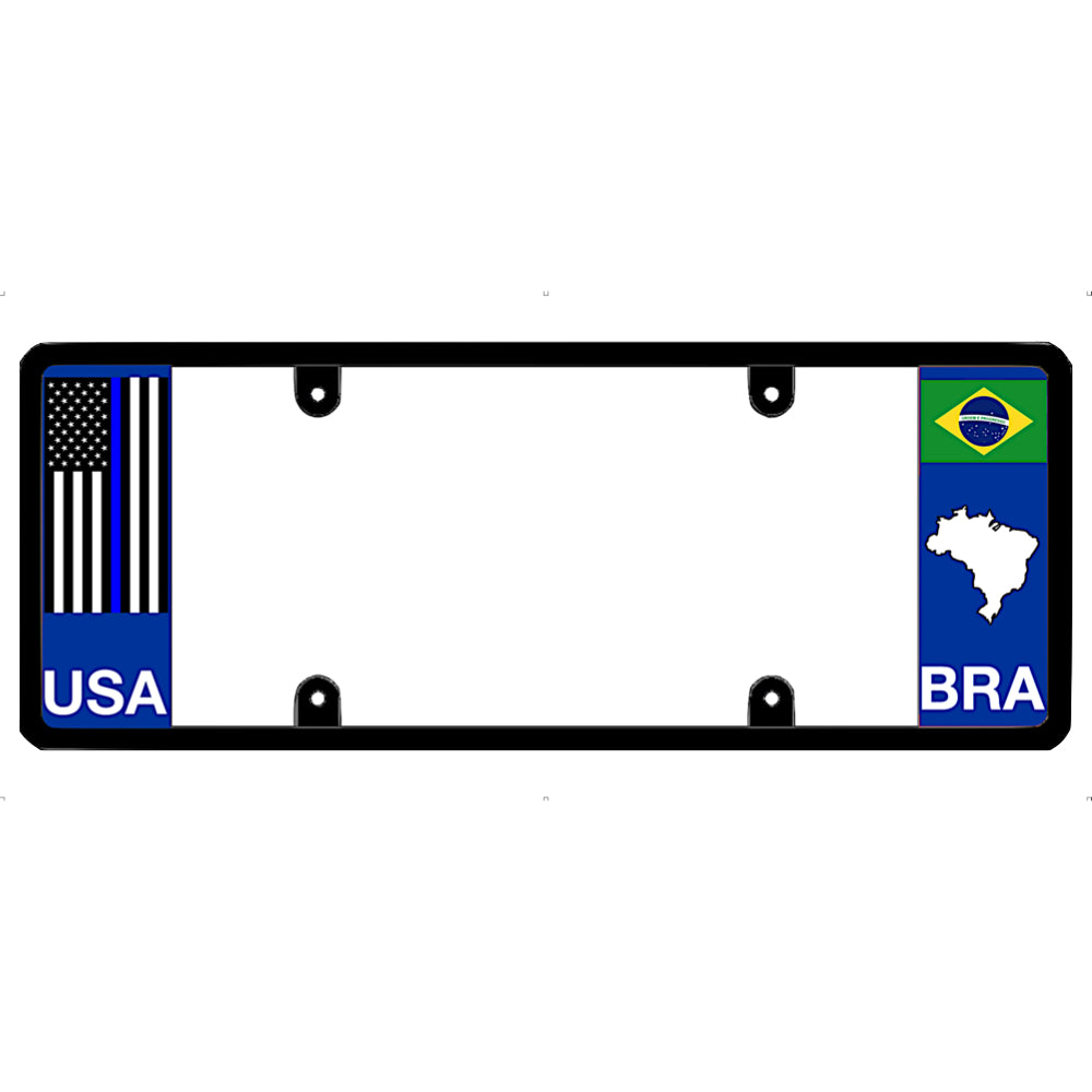Thin blue line license plate frame with USA and Brazil flags on a white background