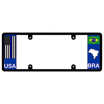 Thin blue line license plate frame with USA and Brazil flags on a white background
