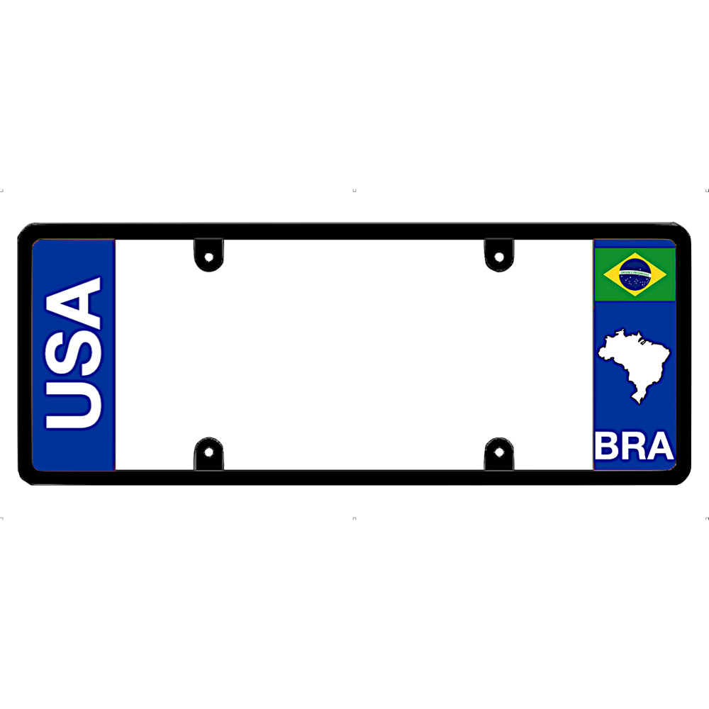 Brazil license plate frame with USA and BRA text on a white background