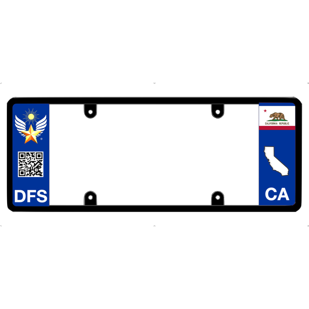 Official DFS patented license plate frame featuring custom brand graphics on the left and a California flag on the right.