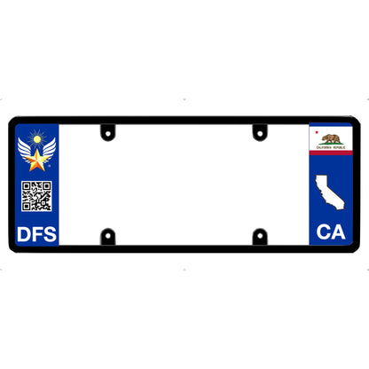 Official DFS patented license plate frame featuring custom brand graphics on the left and a California flag on the right.