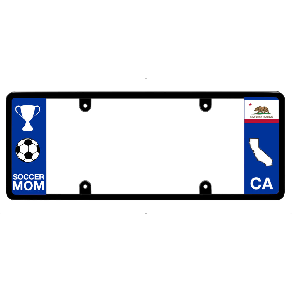 License plate frame with a soccer mom graphic on the left and a California flag on the right by DFS Brands.
