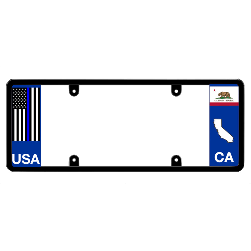 License plate frame with a thin blue line flag on the left and a California flag on the right by DFS Brands.