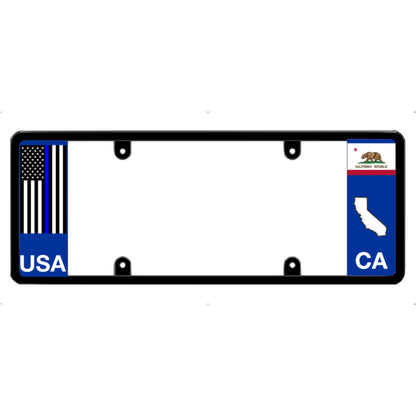 License plate frame with a thin blue line flag on the left and a California flag on the right by DFS Brands.