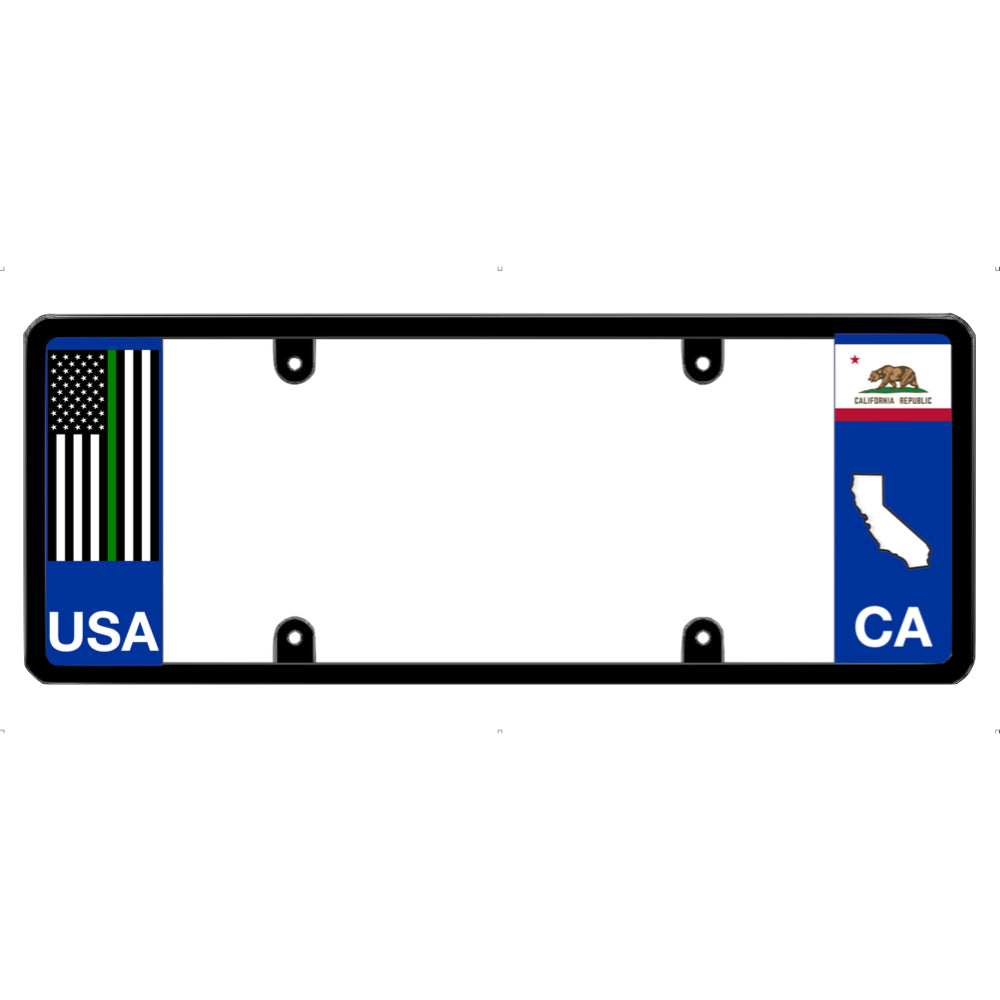 License plate frame with a thin green line flag on the left and a California flag on the right by DFS Brands.