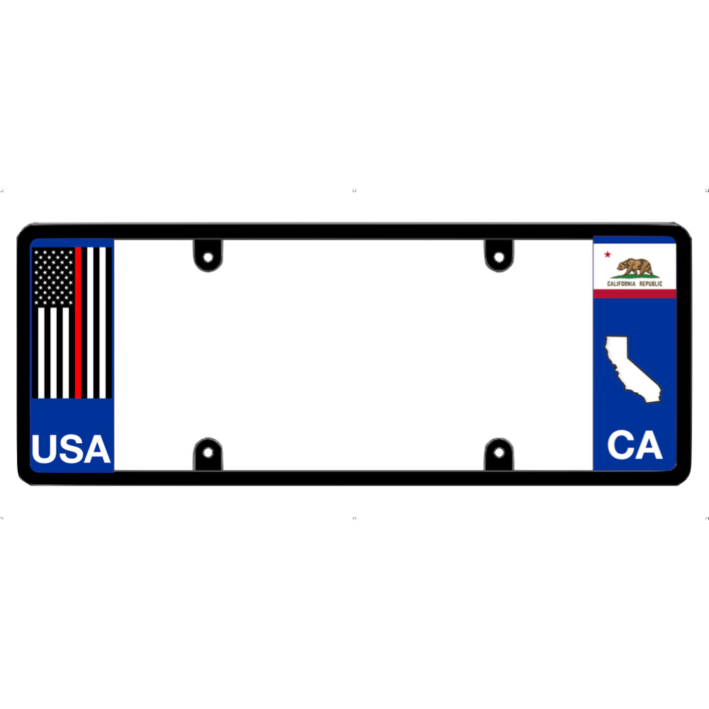 License plate frame with a thin red line flag on the left and a California flag on the right by DFS Brands.