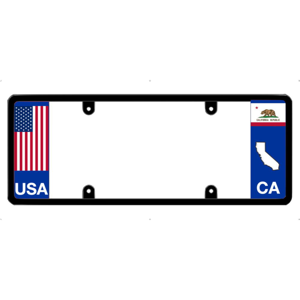 License plate frame with a USA flag graphic on the left and a California flag on the right by DFS Brands.